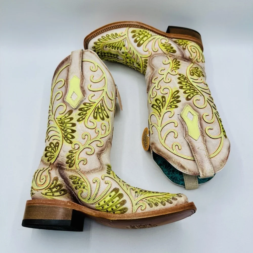 Corral Studded Boots Women's Size 6 M White Floral Green Leather Square Toe‎